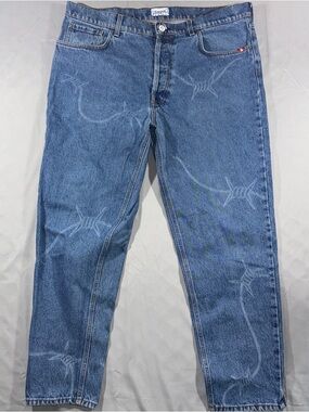 Amish Jeans Men's 36x30 Blue Pas De Mer Barbed Wire Embroidered Denim Wash Pants